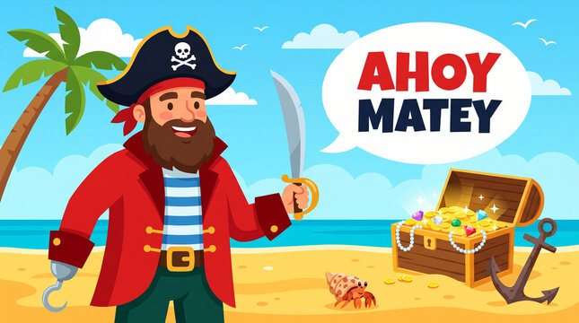Cheerful cartoon pirate captain standing on a tropical beach with a treasure chest full of gold coins and jewels, celebrating International Talk Like a Pirate Day event.