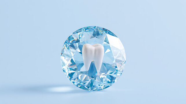 Dental health concept with a clean white tooth symbol positioned precisely inside a brilliant crystal gemstone on a soft blue background