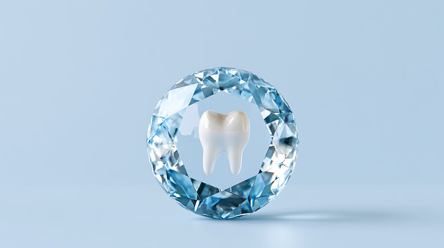 A pristine white human tooth symbol surrounded by a brilliant cut blue diamond jewel isolated against a clean light blue background surface