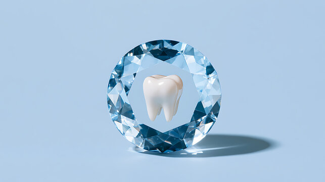 A white human tooth framed inside a sparkling blue diamond gemstone on a clean light blue background representing premium dental care symbol