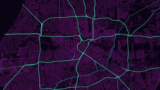 Houston 4K Neon Map Animation - Urban Road Network and Infrastructure Growth