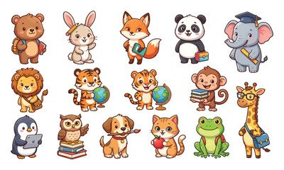 Obraz premium Cute Cartoon Animals Back to School Sticker Set, Educational Vector Illustration Collection on White Background
