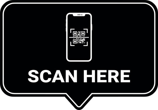 Scan here QR code speech bubble sign icon featuring a smartphone reader silhouette vector illustration for digital information payment