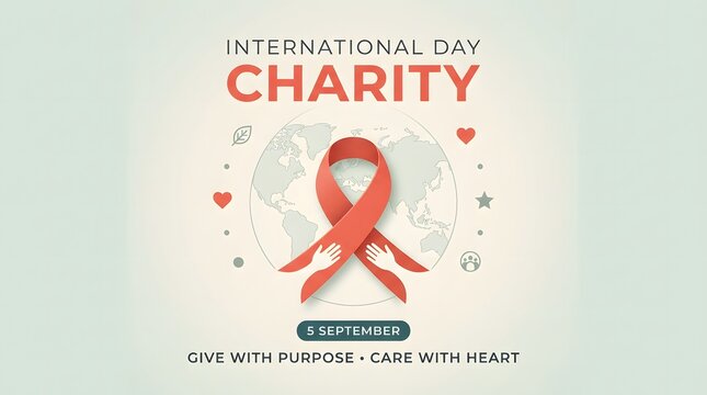 Red ribbon encircling a world map illustrates international charity awareness