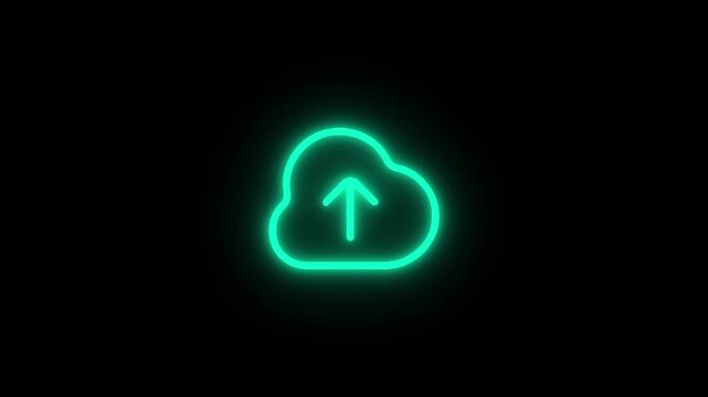 Neon glowing cloud upload symbol on a black background green