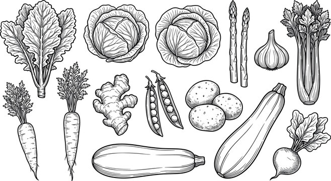 Vintage fresh garden vegetables engraving style vector icon set featuring cabbage carrot potato zucchini garlic and greens for healthy food menu