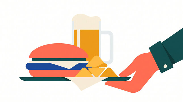 Hand holding plate with burger and beer alongside chips  
