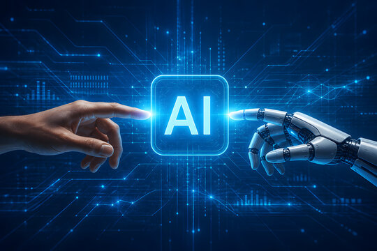 Human hand and robot hand touching glowing ai icon on blue circuit background