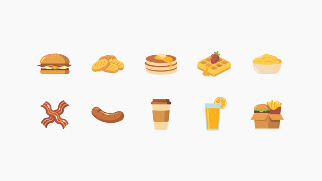 Fast food breakfast vector icon sheet &ndash; Great for morning menu boards, diner advertising, or food tech.