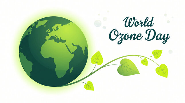 World Ozone Day celebration with glowing green Earth, heart-shaped leaves, and eco-friendly message for ozone layer protection