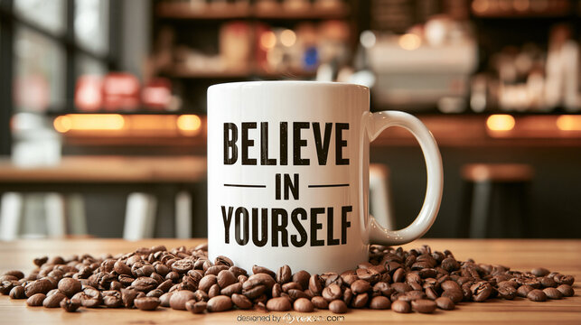 A coffee mug with inspirational text sits on a pile of roasted coffee beans in a blurred cafe. Perfect for motivation and morning coffee business themes.