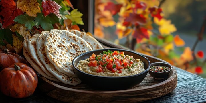 Plate of hummus served with pita bread