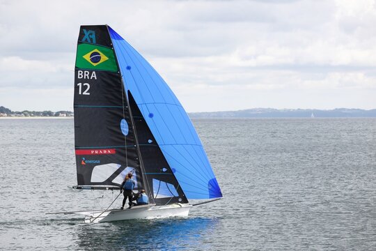 Aarhus, Denmark - July 4, 2022: Women Brazilian 49er FX sailing ship during the sailing European championship 2022 in Aarhus, Denmark