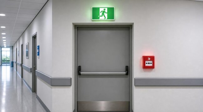 Emergency fire exit door in a modern hospital hallway.