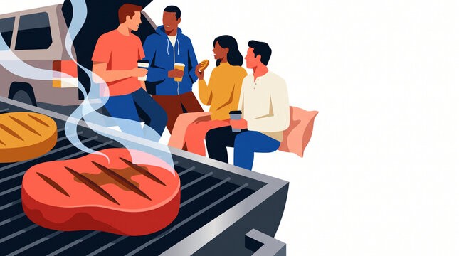 Group enjoying barbecue and drinks at a tailgate party  