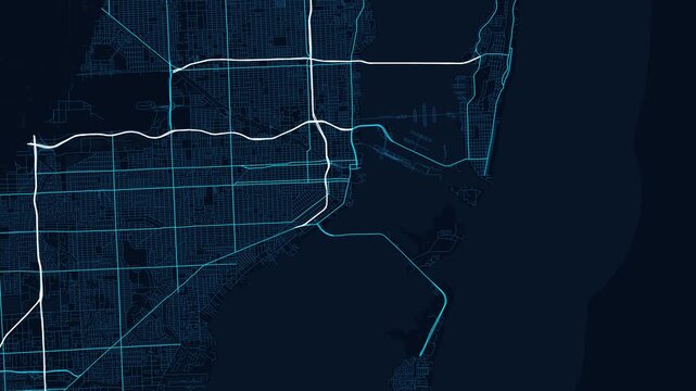 Miami 4K Blueprint Map Animation - Urban Road Network and Infrastructure Growth