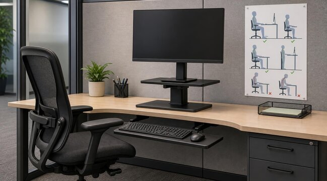 Modern Ergonomic Office Workspace Setup with Standing Desk Converter.