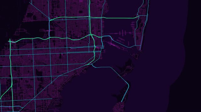 Miami 4K Neon Map Animation - Urban Road Network and Infrastructure Growth