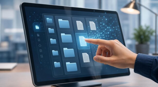 Businessmans hand interacting with a digital interface displaying folders and files, symbolizing data management and organization on a modern computer screen.