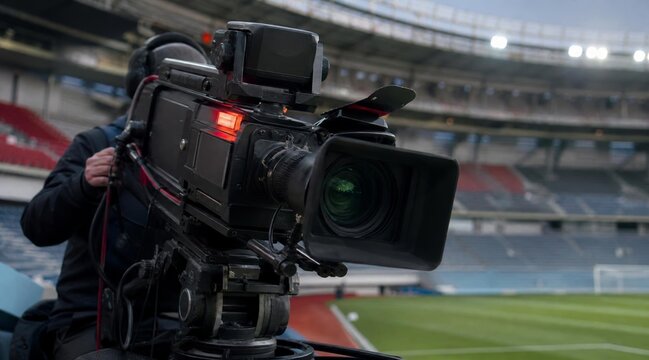 Professional broadcast video camera at a sports stadium.