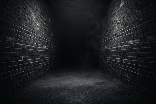 Dark brick walls converge towards a shadowy center creating a dramatic alleyway scene