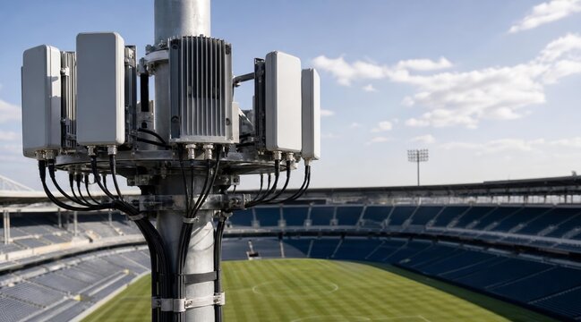 5G cellular base station antennas installed at a sports stadium for high density connectivity.