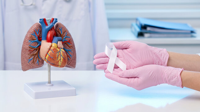 Medical professional in pink gloves holding syringe near anatomical lung model on white table, emphasizing diagnostic safety and patient care
