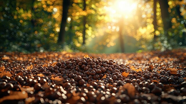 Autumn harvest of edible chestnuts in a forest. Hedgehogs and chestnuts drop to the ground, signaling the right time for gathering