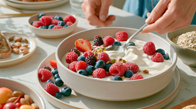 Healthy yogurt bowl with fresh raspberries, blueberries, strawberries, blackberries and nuts being prepared for breakfast