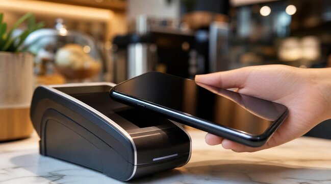 Person using smartphone for contactless payment at a cafe terminal.