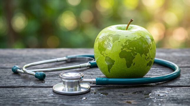 Green apple with world map design and stethoscope on wooden table symbolizing global healthcare and patient safety awareness