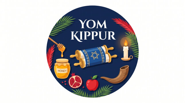 Colorful Yom Kippur illustration with Torah scroll, shofar, pomegranate, honey, and candle for Jewish High Holy Days