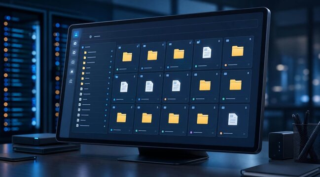 Computer monitor displaying file management system in a modern server room at night.
