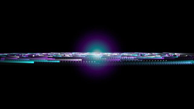 Abstract glowing neon particle ring rotating in dark space, futuristic digital data flow motion background