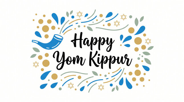 Happy Yom Kippur greeting card with colorful Jewish holiday symbols, shofar, stars of David, and festive decorations on white background