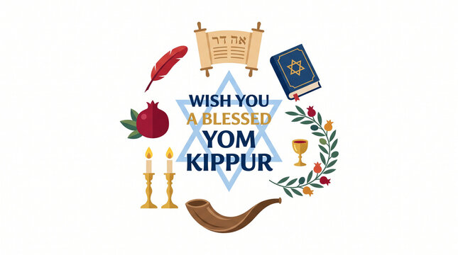 Vibrant Yom Kippur greeting card with wish you a blessed Yom Kippur text, menorah, pomegranate, shofar, and prayer book