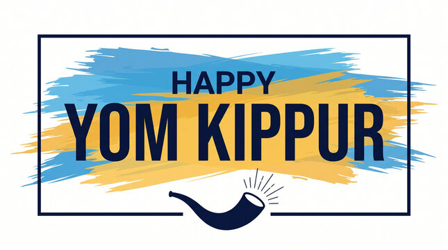 Happy Yom Kippur greeting card with colorful watercolor background and traditional shofar illustration for Jewish High Holy Days