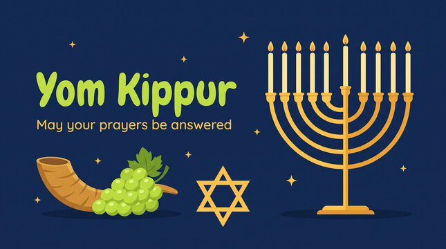 Yom Kippur greeting card with menorah, shofar, star of David, and green grapes on dark blue background