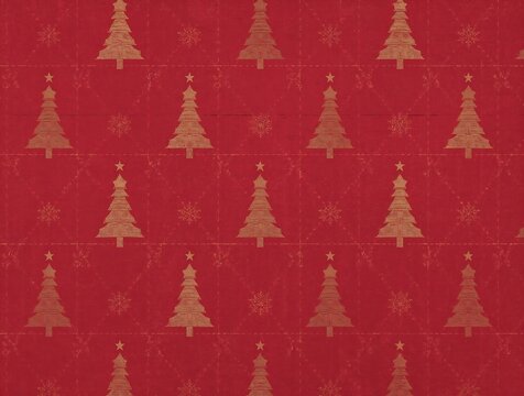 Red christmas wrapping paper background texture with gold foil pine trees and holiday ornaments