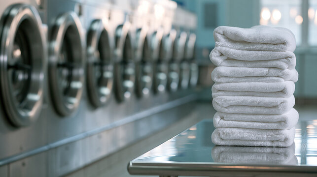 A stack of freshly folded clean white towels sits on a metal table in a professional laundromat. Concept for hotel service and hygiene standards.