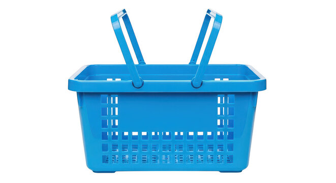 Empty blue plastic shopping basket with handles isolated on transparent background