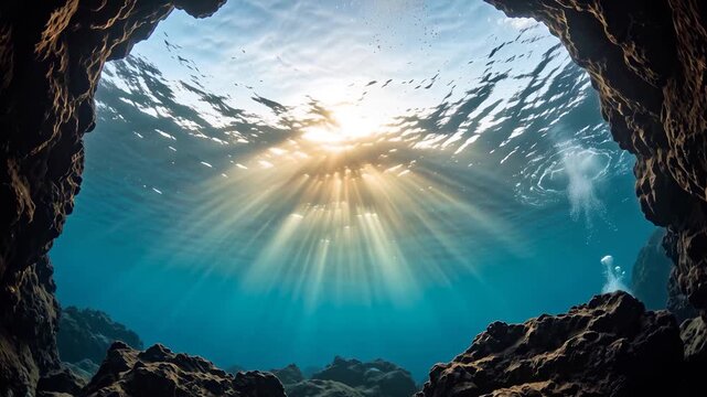 Underwater footage looking up from a dark rocky sea cave toward sunbeams and sunlight shining through clear blue ocean water with rising bubbles