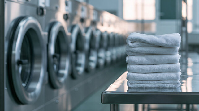 A stack of folded white towels sits on a metal table in a professional laundromat. Useful for hospitality, hotel, and cleaning business concepts.