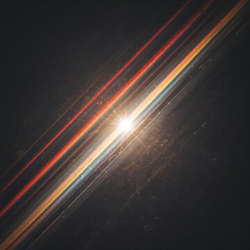 Diagonal light streaks and bright glowing starburst in a dark cosmic space setting with cosmic background