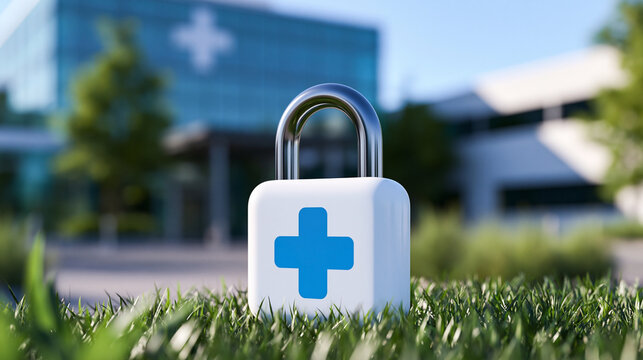 A medical padlock symbol sits in a green field before a modern hospital building. Ideal for conceptualizing healthcare data privacy and medical security.