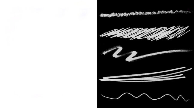 Hand-drawn white chalk brush strokes on black background, artistic charcoal pencil scribbles, textured paint smear collection for graphic design