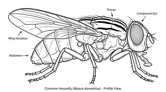 Scientific common housefly anatomy diagram, Musca domestica profile view illustration, biological insect study with labeled body parts