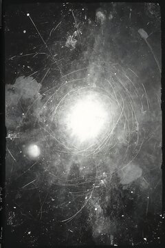Abstract black and white grainy background with a bright central glowing light source and speckles