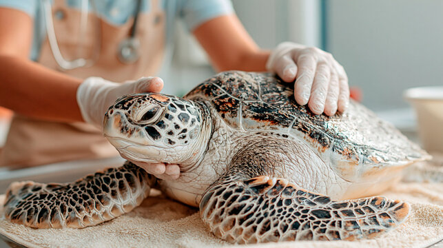 Veterinarian examining rescued sea turtle during world animal day, providing wildlife medical care and supporting animal conservation