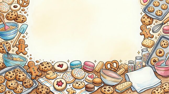 Bakery and dessert border frame with cookies, pastries, pretzels